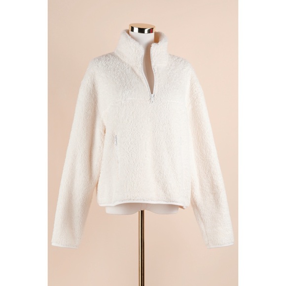 Sz L Girlfriend Collective White Half Zip Pullover Fleece Sherpa Sweatshirt EUC - Picture 1 of 6